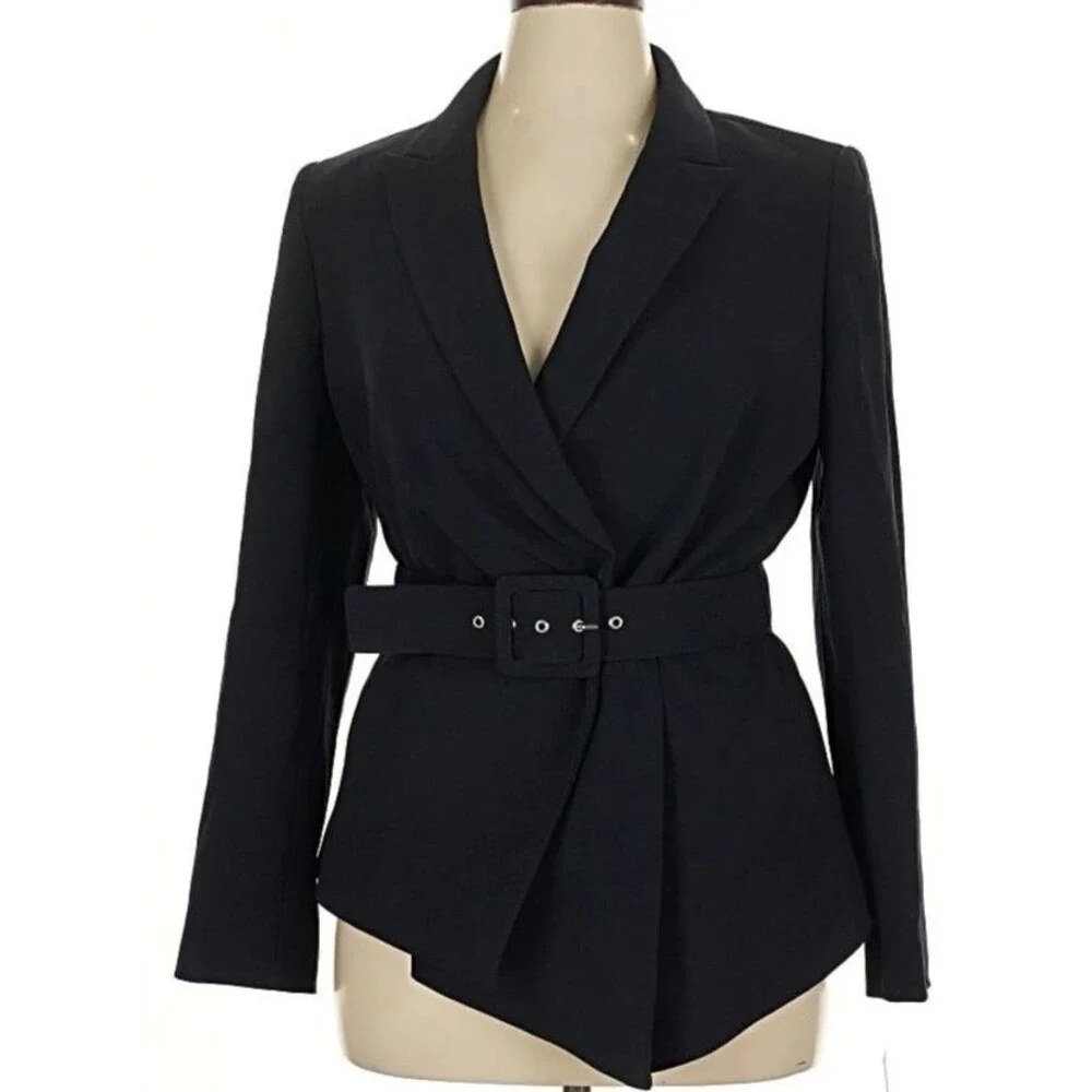 DESIGNER TAHARI ASL NAVY BLUE BELTED LONG SLEEVE BLAZER SIZE 14.R - Picture 2 of 16